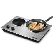 Hot Plate, Cusimax 1800W Infrared Double Burner, Ceramic Glass Cooktop, Cooking Electric Heating Plate, Easy to Clean, Stainless Steel, Silver
