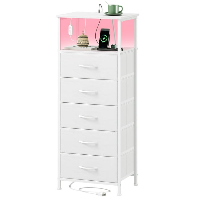 Eunos Commode Blanche pour Chambre à Coucher, Table de Nuit à 5 Tiroirs avec Station de Recharge, DEL et Tablette Ouverte