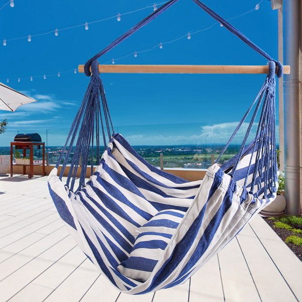 Olurrisa 264LBS Capacity Canvas Hammock Chair with 2 Pillows - Portable Outdoor Hanging Seat for Patio/Camping/Beach, Includes Wooden Stick & Ropes (Blue)