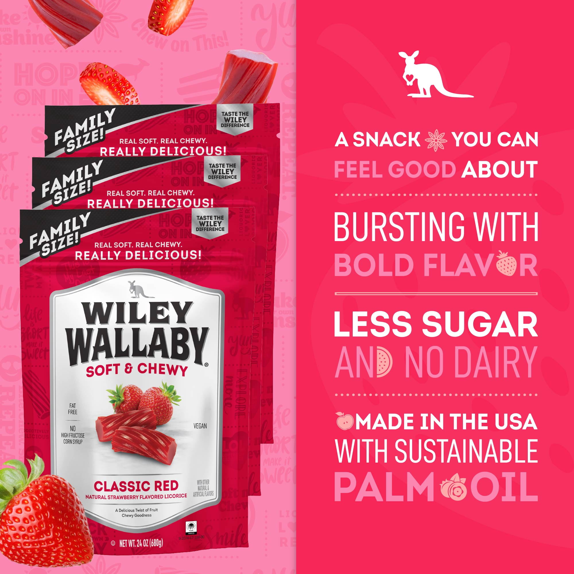 Wiley Wallaby Licorice 24 Ounce Classic Gourmet Soft & Chewy Australian Red Licorice Candy Twists, 3 Pack