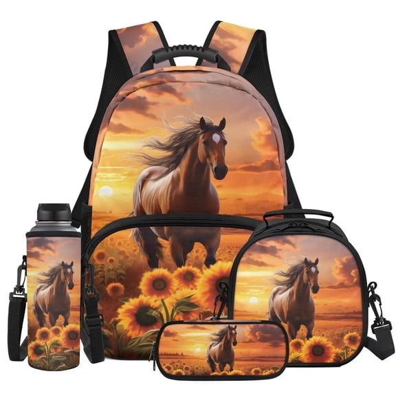 HUIACONG Sunset Sunflower Horse Backpack for Girls, Functional 4PCS Set Including Water Bottle and Lunch Bag, Daily School Bag for Girls Teens Ages 12-16