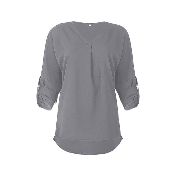 Camisa de mujer Jumpingount con cuello en V blusa suelta manga larga color Gris L AP003273-08