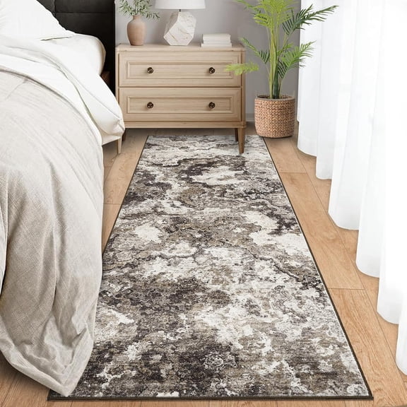 2x6 Washable Brown Runner Rug, Abstract Non-Slip, Soft Low Pile for Kitchen, Hallway, Bathroom, Laundry, Indoor Accent Carpet.
