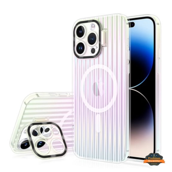For Apple iPhone 15 Plus (6.7") Built-in Camera Kickstand Shockproof Iridescent Holographic Colorful TPU Slim Protective Cover ,Xpm Phone Case [ Black ]