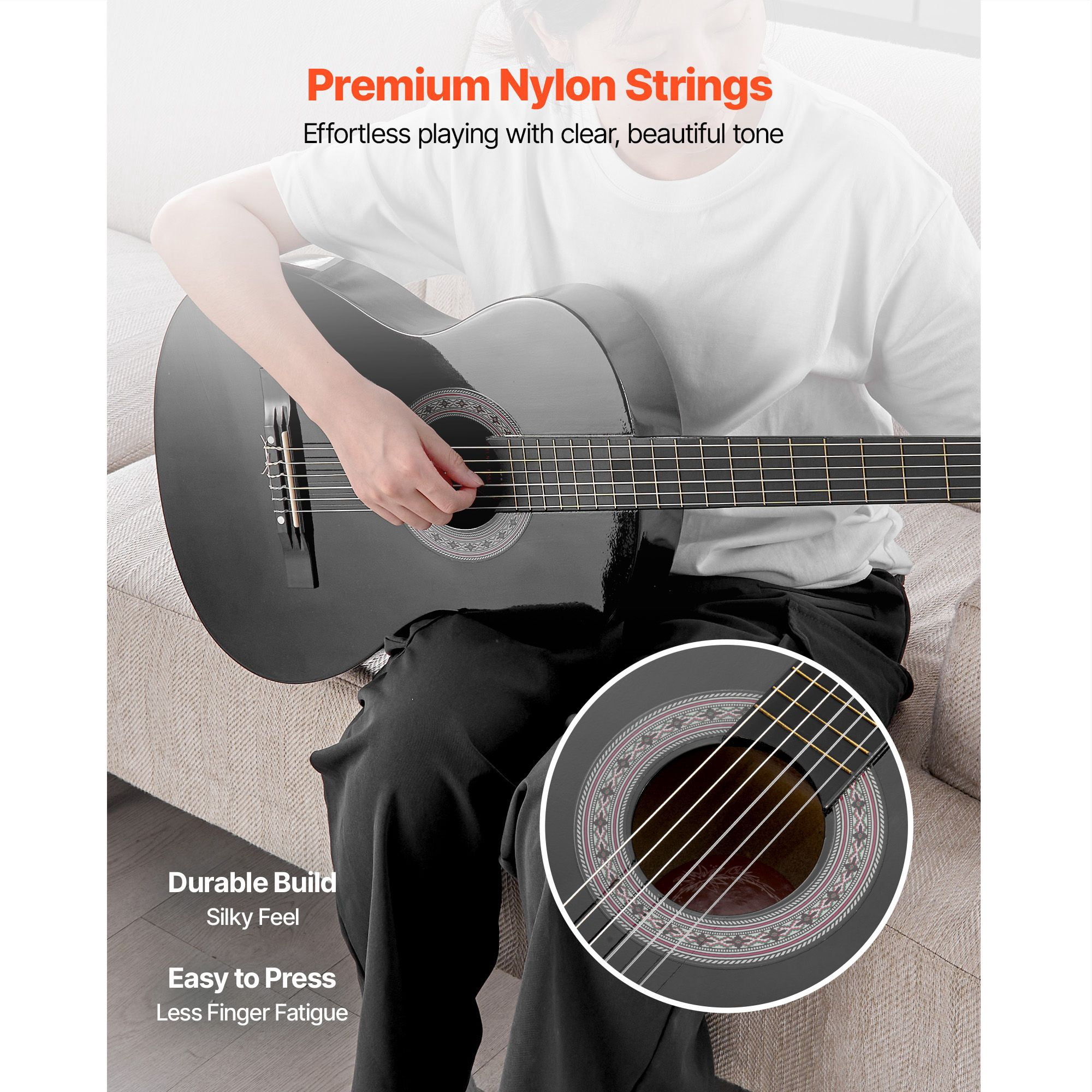 Classical Guitar Starter Set 38 Inch, Nylon String Wooden Full Set of Accessories with Tuner Capo, Teen Adult Student, Black