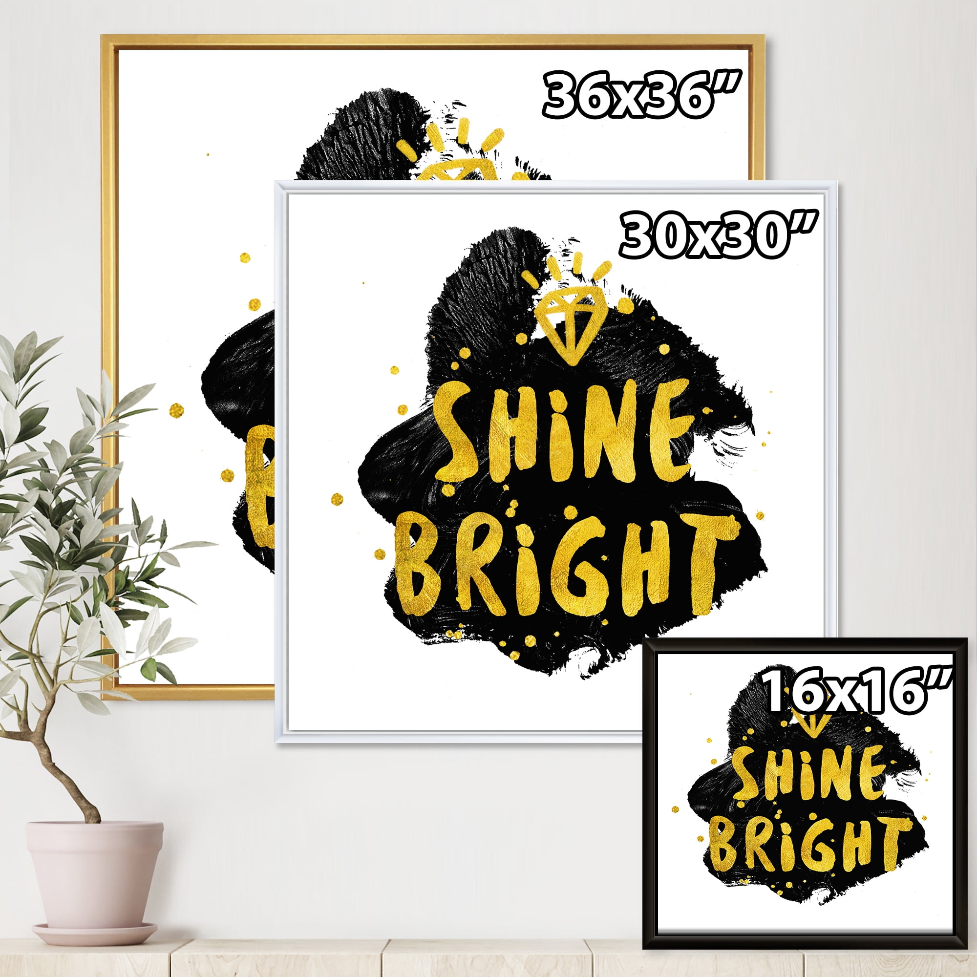 Designart 'Shine Bright Quote on Black' Glam Framed Canvas Wall Art Print
