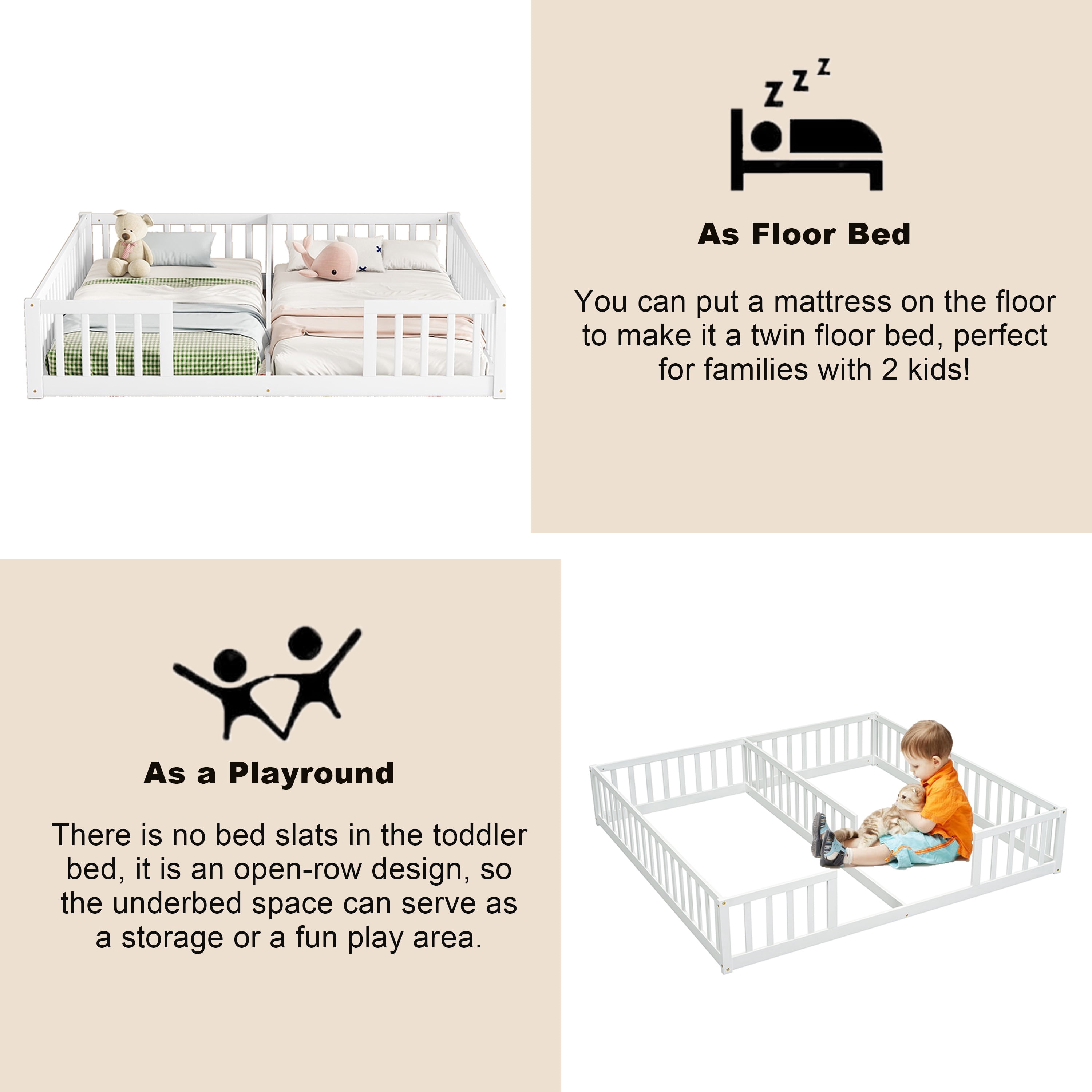 Bellemave Twin Floor Bed for 2, Wood Double Floor Bed with Fence,Two Montessori Bed Side by Side for Bedroom (White)