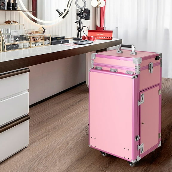Rolling Manicure Trolley Desk, Portable Makeup Train Case for Travel Storage Organizer Pink