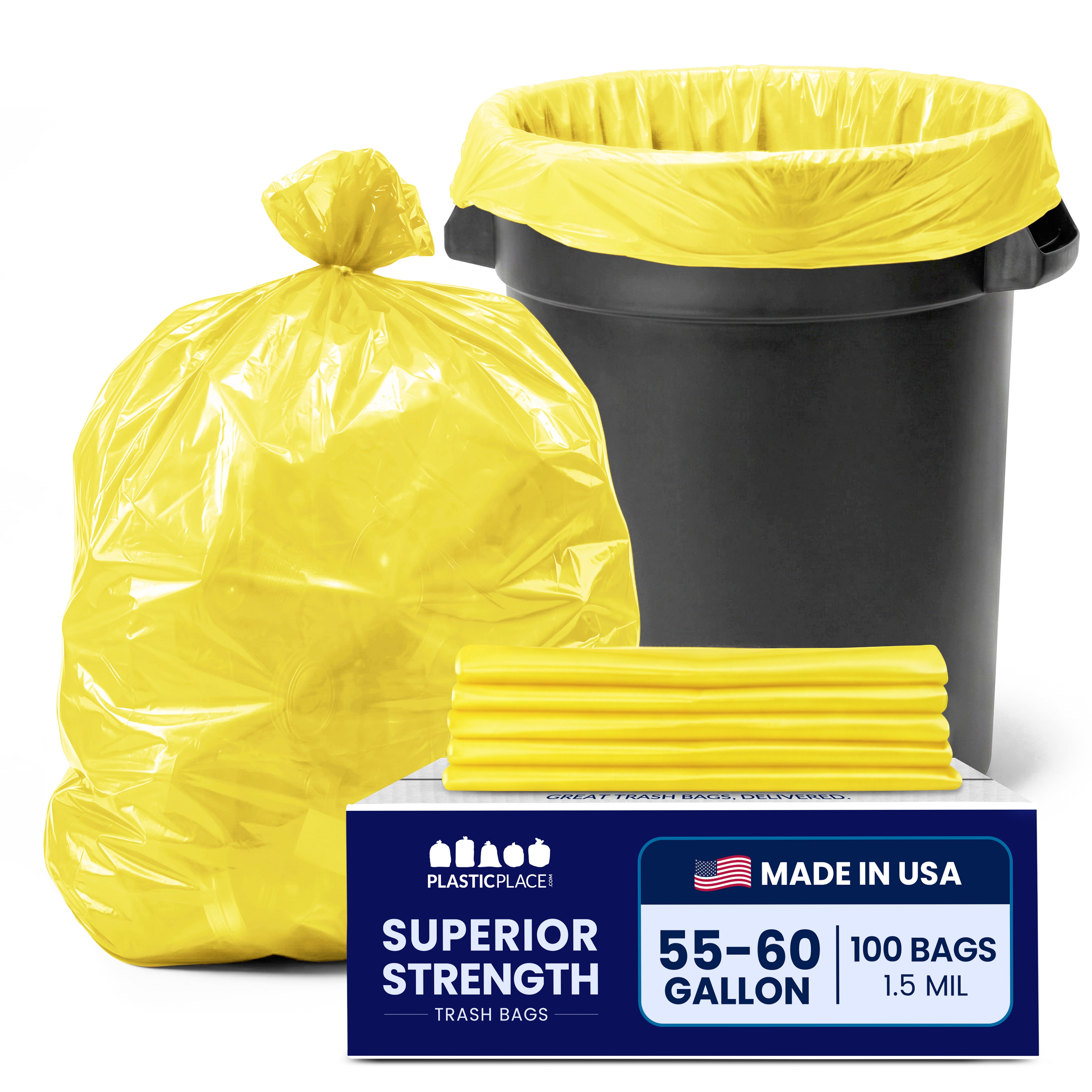 Plasticplace 55-60 Gallon Trash Bags │ 1.5 Mil │ Yellow Heavy Duty Garbage Can Liners │ 38” x 58” (100 Count)