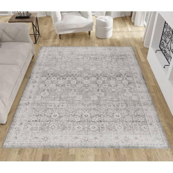 E-Z Wash Traditional Medallion Pattern Velvet Plush Grey, Room Size Machine Washable Area Rug 8X10, Ideal for Living Room, Dining Room, Bedroom