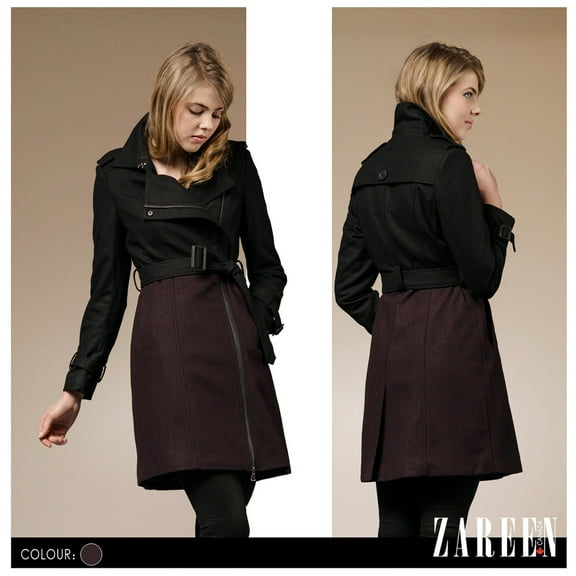 Zareen Wool Blend Pea Coat with Mixed Colours-BlackPlum-XL