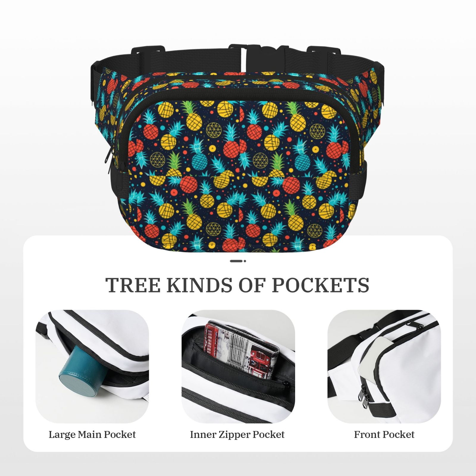 Picia Colorful Pineapple Print Square Double-Layer Waist Bag Mini Adjustable Waist Belt Bag Exercise Running Travel Hiking