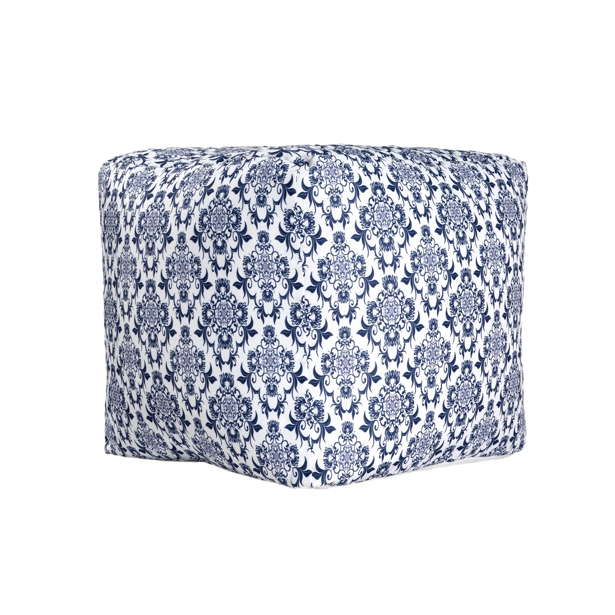 Ox Bay Orlando Blue/White Damask Medium Square Indoor Pouf Ottoman, 18" H x 18" W