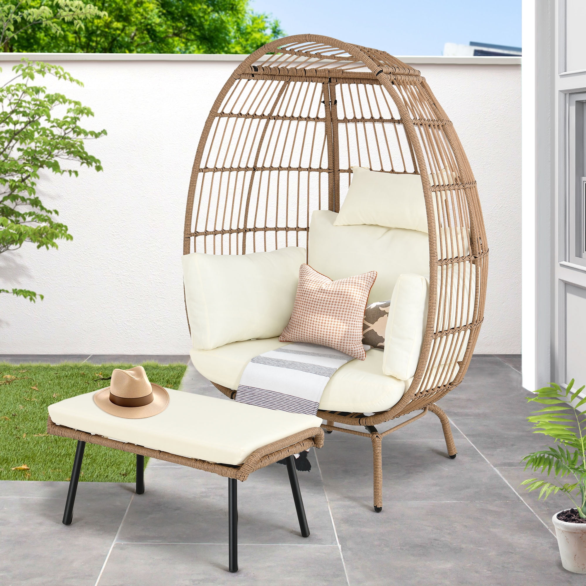 DEXTRUS Wicker Egg Chair with Ottoman with Stand Cushions Egg Chairs for Patio Beige