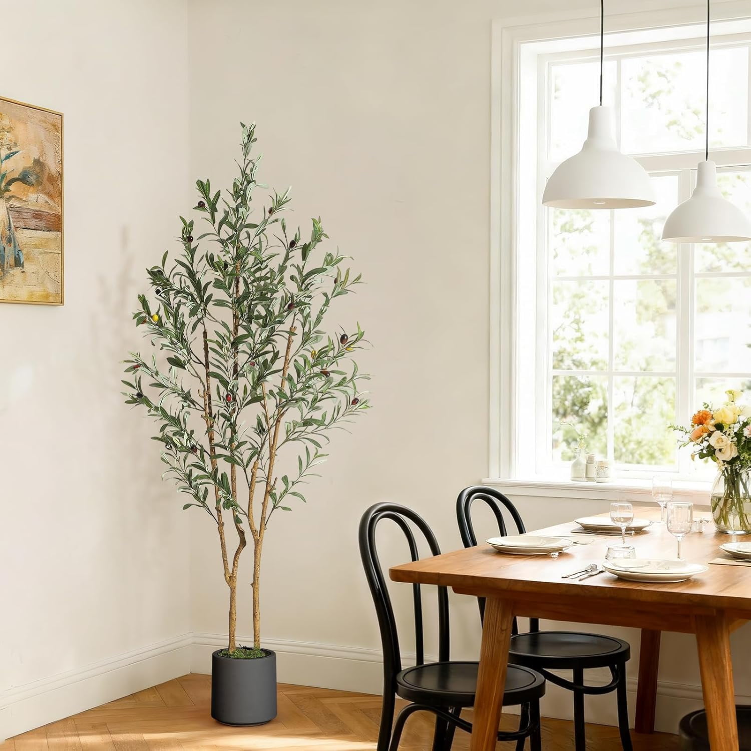Artificial Olive Tree for Indoor Decor, Faux Olive Plant with Natural Wood Trunk, Planter & Green Moss, Lifelike Fake Tree for Home or Office Display