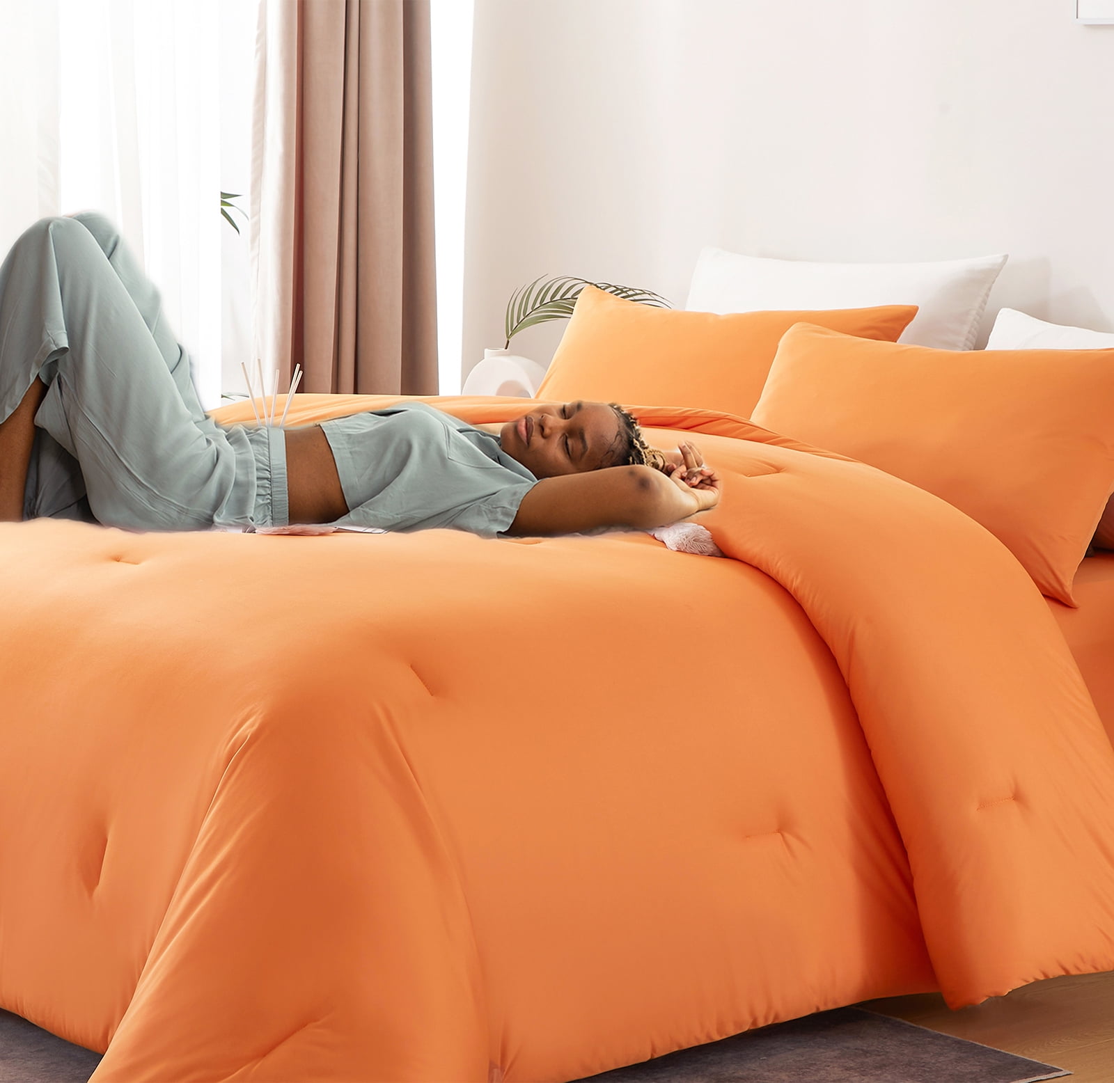 MorroMorn Comforter Set Queen Size, 4 Pieces All Season Bedding Comforters Sets, Soft Bed Set with 1 Down Alternative Duvet Insert 90×90 Inches, 2 Pillow Cases & 1 Fitted Sheet (Queen, Orange)