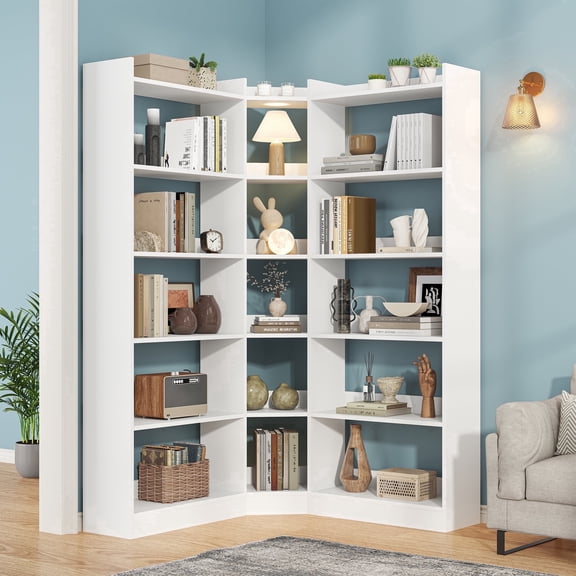ModFurne 6 Tiers Corner Bookshelf and Bookcase with Baffle, 63.1" Tall Modern L-Shaped Storage Display Book Shelf , Home Office, White