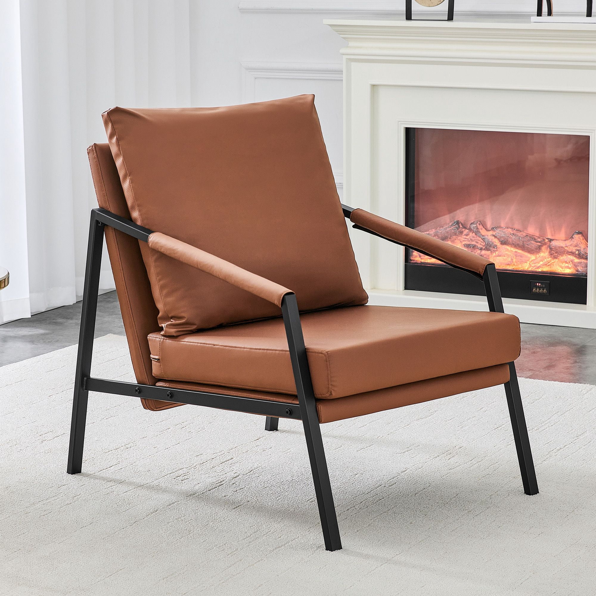 Alvantor Brown Faux Leather Accent Chair with Black Metal Frame and Armrests