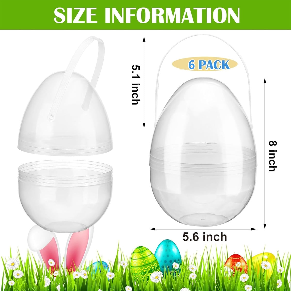 Tutuviw 6 Pcs Giant Clear Easter Egg with Handles, 8 in Large Easter Eggs,DIY Jumbo Easter Egg Fillable Big Bunny for Easter Hunt Game Supplies,Egg Shaped Baskets Containers Decoration