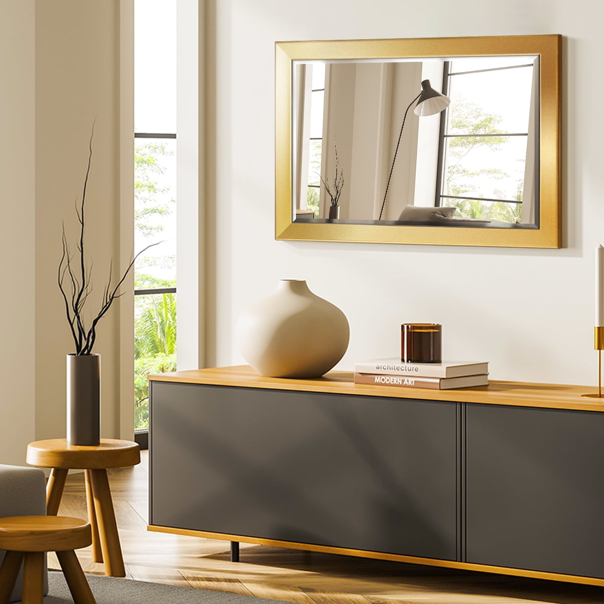 29 in. W x 41 in. H Framed Rectangle Beveled Edge Wood Mirror in Solid Gold