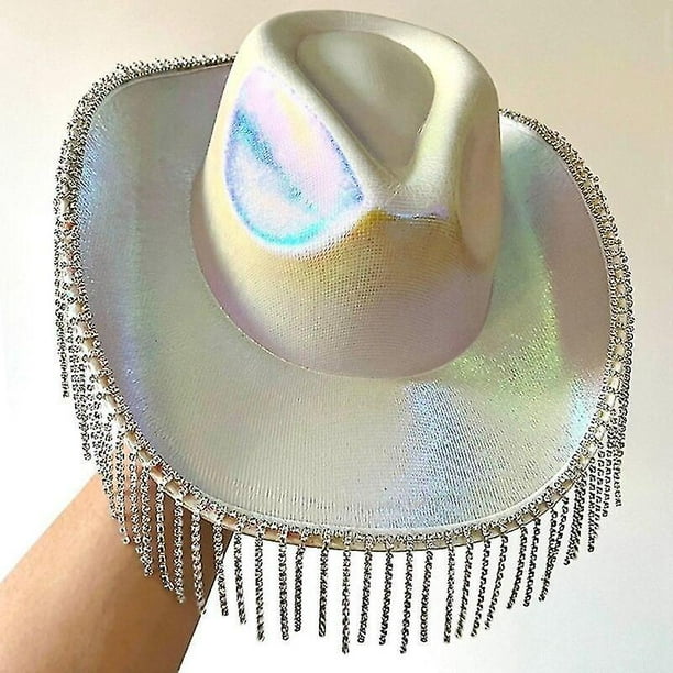 Sombrero de vaquera espacial para sombrero de vaquero adulto con flecos de diamantes de imitación, sombreros rave con borlas que se adapta a la mayoría de las mujeres; Chicas para fiesta temática