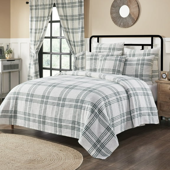 VHC Brands Woven Plaid Modern Farmhouse Coverlet, Pine Green, Queen 94x94