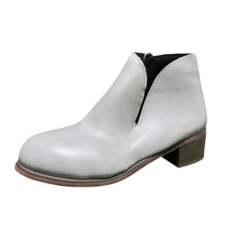 

Ladies Solid Color Leather Side Zipper Vintage Chunky Heel Fashion Short Boots