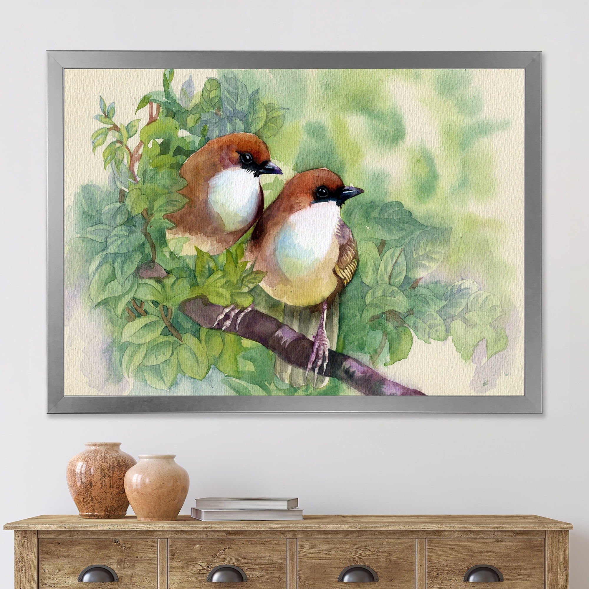 Birds Of Spring Sitting On Branch 20 in x 12 in Framed Painting Canvas Art Print, by Designart