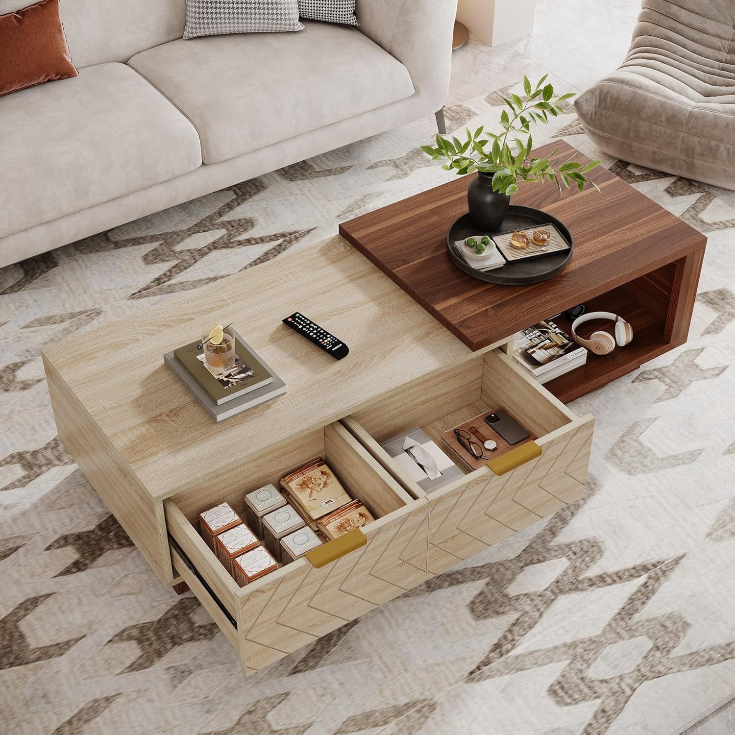 Tribesigns Extendable Coffee Table with 2 Storage Drawers, Dual-Tone Center Table with Sliding Tabletop, Multi-functional Hidden Storage Wooden Rectangle Cocktail Table for Living Room, Walnut & Oak
