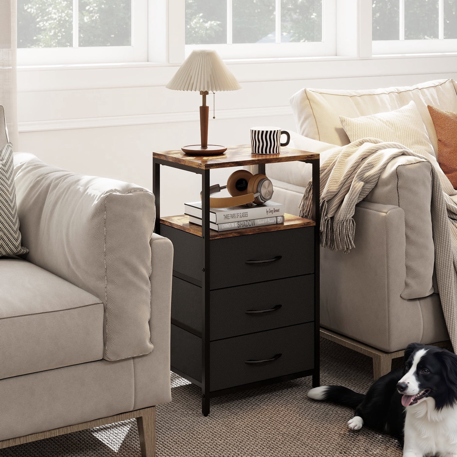 LENLN ‌Nightstand,Side Table with 3 Fabric Drawers End Table with Open Shelf,Bedside Table Night Stand for Bedroom ,Closet, Dorm, Rustic Brown and Black