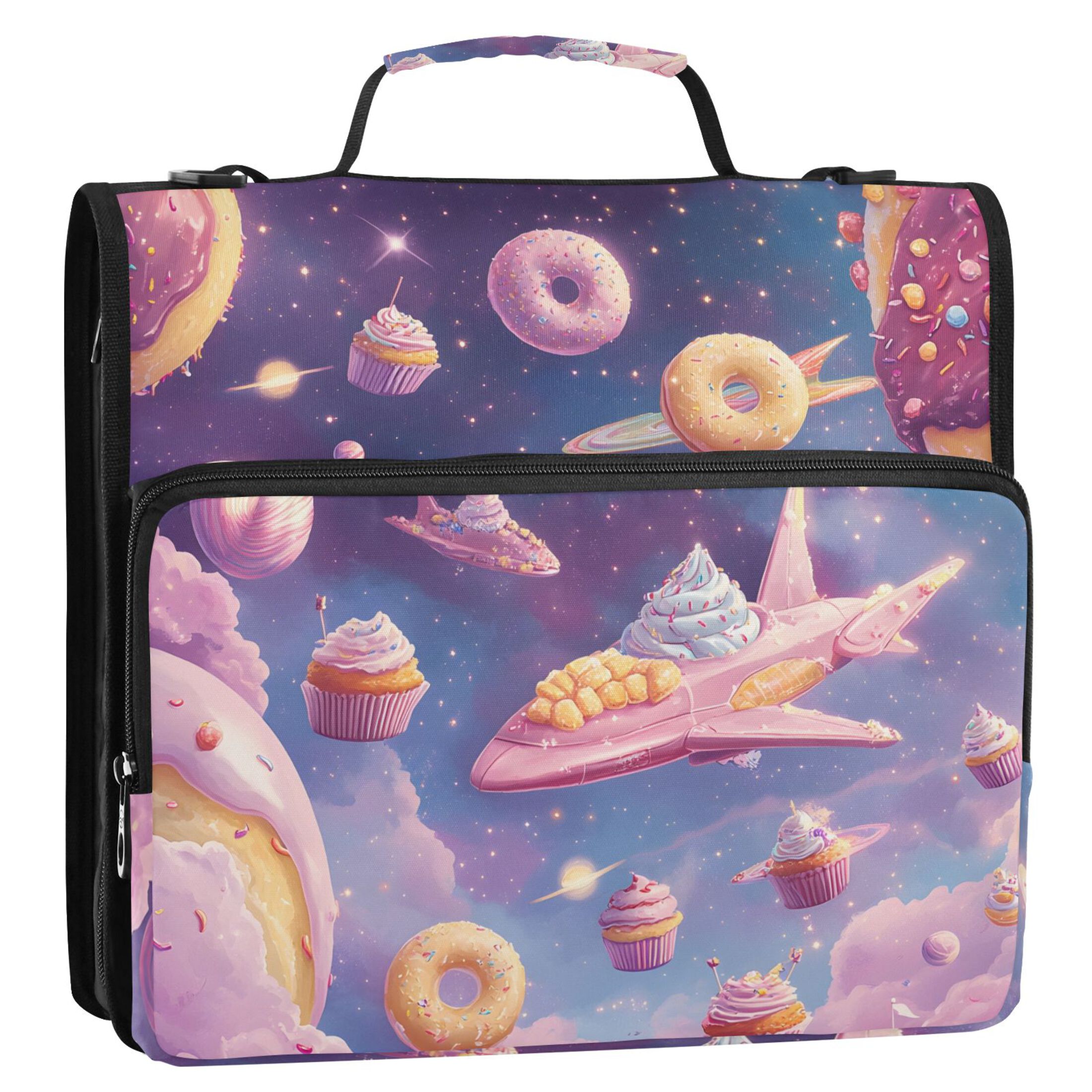 3 Ring Zipper Binder with Shoulder Strap Waterproof Trapper Keeper 2 Inch D-Ring 500 Sheets Capacity Dessert Planet Spaceship