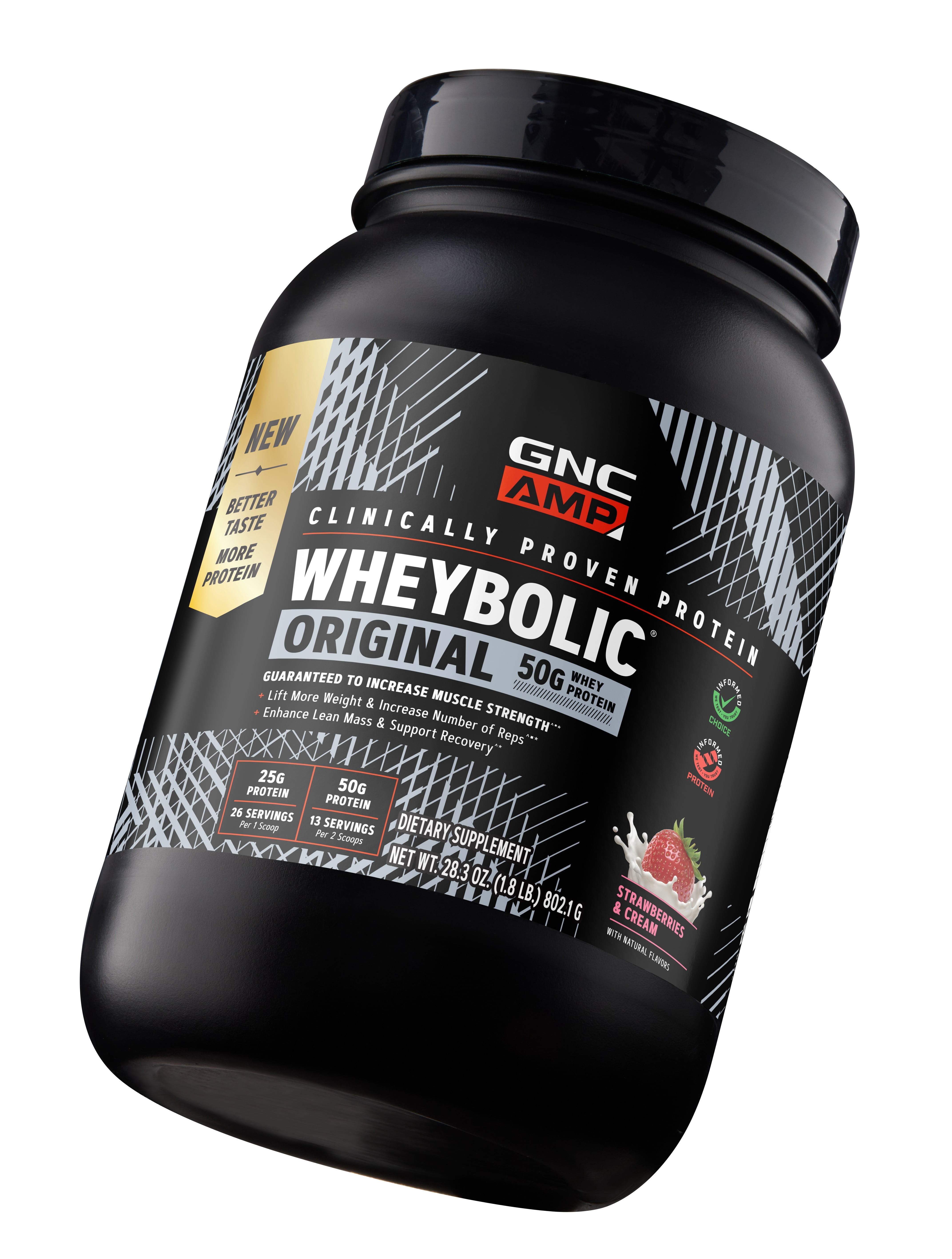 GNC AMP Wheybolic Clinically Proven Protein Powder, 50g Whey Protein, BCAA, Leucine, Increases Muscle Strength, Muscle Building, 3rd Party Tested, Gluten Free, Strawberries & Cream, 13 Servings