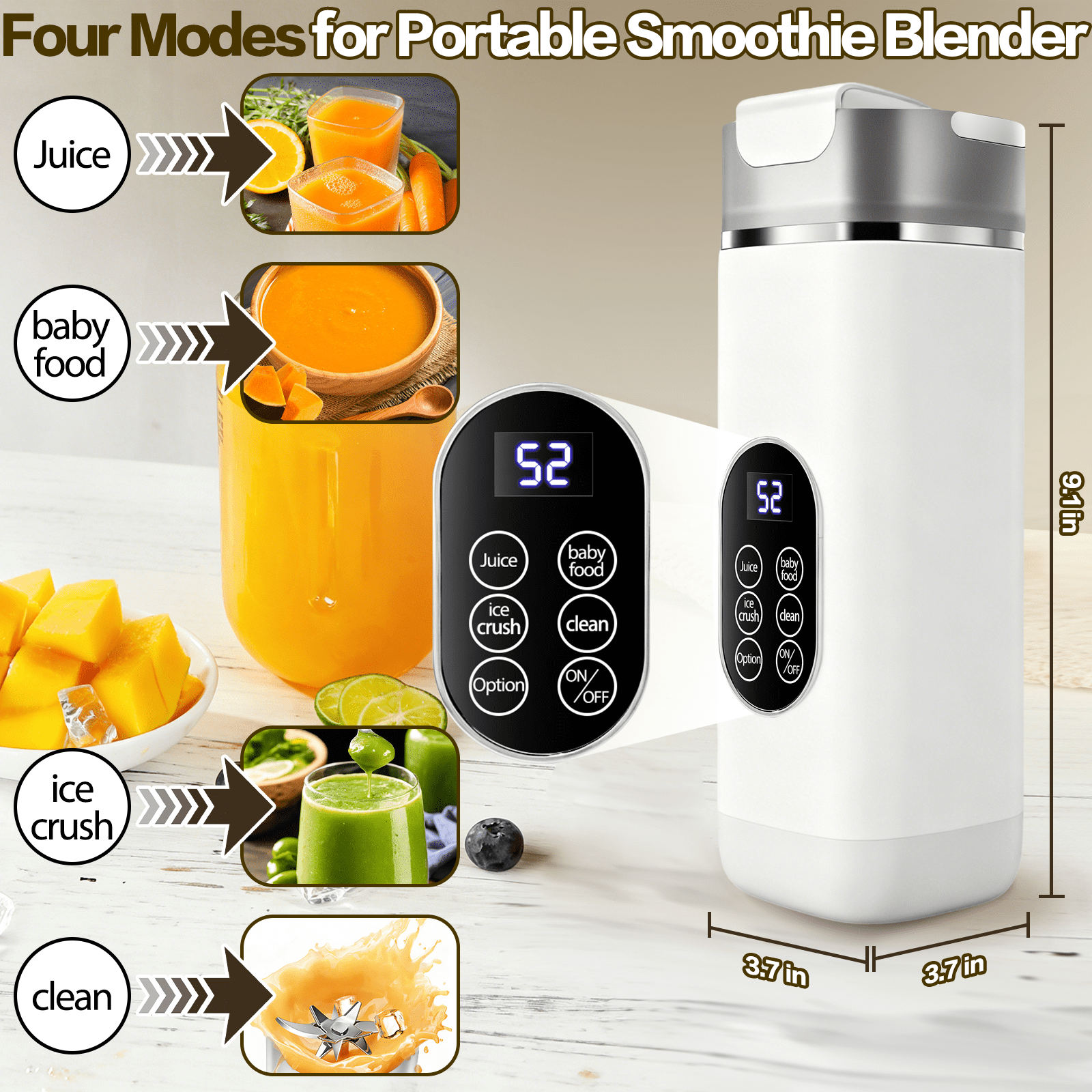 Portable Blender, Cordless, 14oz. Vessel, Personal Blender-for Shakes & Smoothies, BPA Free, Leakproof-Lid & Sip Spout, USB-C Rechargeable, Dishwasher Safe Parts, White