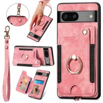 Nalacover For Google Pixel 6 Case Ring Holder Kickstand with Credit Card Holder, Back Flip Premium Leather Magnetic Clasp Removable Wirst Hand Strap Cover for Google Pixel 6, Pink