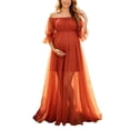 thumbnail image 2 of Karymi Off Shoulder Short Puff Sleeve Maternity Tulle Maxi Gown, Flowy Chiffon Tulle Split Pregnancy Dress, Formal Photography Long Dress Maxi Dresses for Women, 2 of 8