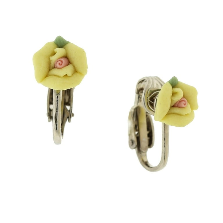 1928 Jewelry Women's Bridal Yellow Porcelain Rose Clip On Earrings
