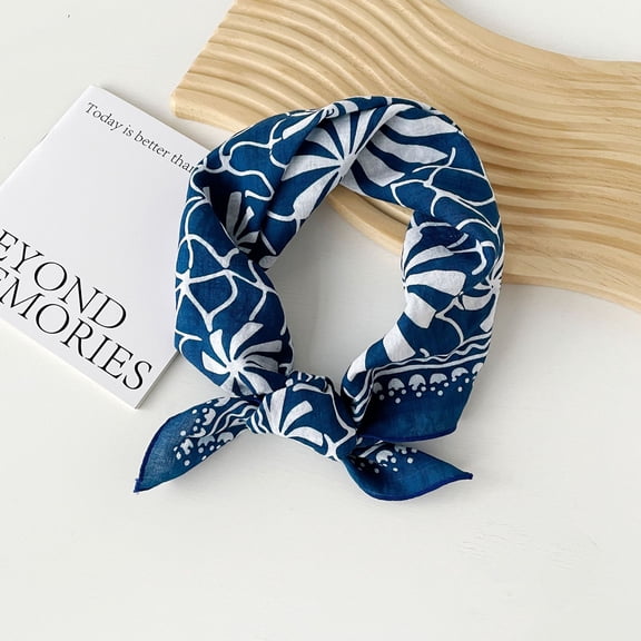 Nvzi-a Elegant Personalized Scarf Small Square Scarf Spring New European and American Headband Versatile Printed Cotton and Hemp Scarf -1 Piece (Blue)