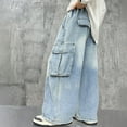 thumbnail image 5 of Huowey Big Boys Cargo Jeans Comfortable Stretch Denim Pants Wide Leg Casual Loose Fit Trousers Fot Big Boys Elastic Waist Drawstring Relaxed Streetwear ,Light Blue,4-5 Years, 5 of 8