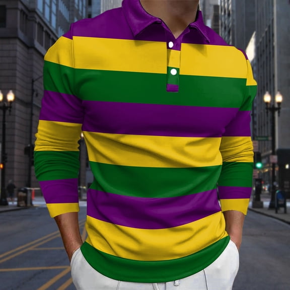Polos for Men Long Sleeve Color Matching Striped T Shirt Base Digital Casual Carnival Stylish Men Polo Shirts Purple L