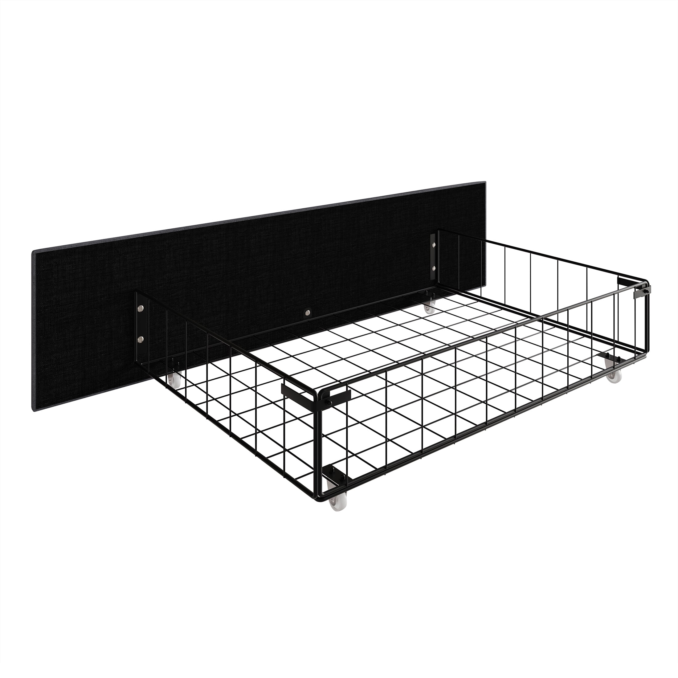 Castle Place Sleek Upholstered Nailhead Trimmed Queen Metal Platform Bed with 4 Storage Drawers, Navy Blue