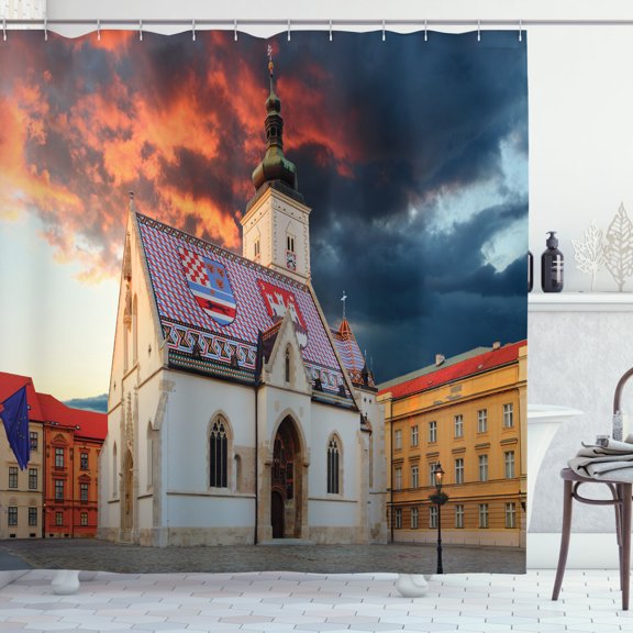 Ambesonne Croatia Shower Curtain, Building in Zagreb, 69"Wx70"L, Multicolor