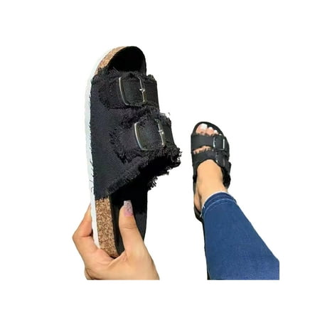 

Bellella Ladies Slippers Buckles Slides Open Toe Shoes Comfortable Flats Summer Indoor Black 5