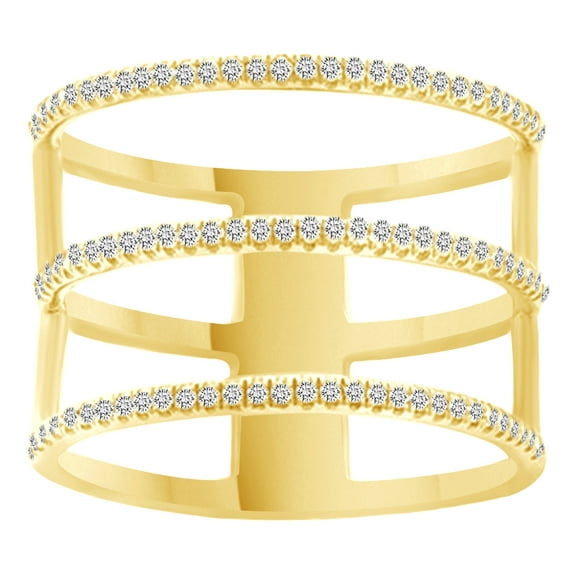 AFFY Round Cut White Natural Diamond Three Row Fashion Ring In 14K Solid Yellow Gold