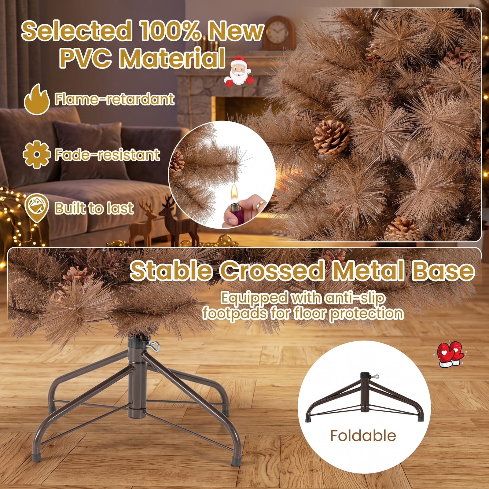 RUIE 6 Ft Artificial Christmas Tree with 493 Branch Tips and 200 Warm White LED Lights, Pre-Lit Hinged Pine Xmas Tree with Metal Stand for Home Office, Chocolate Brown
