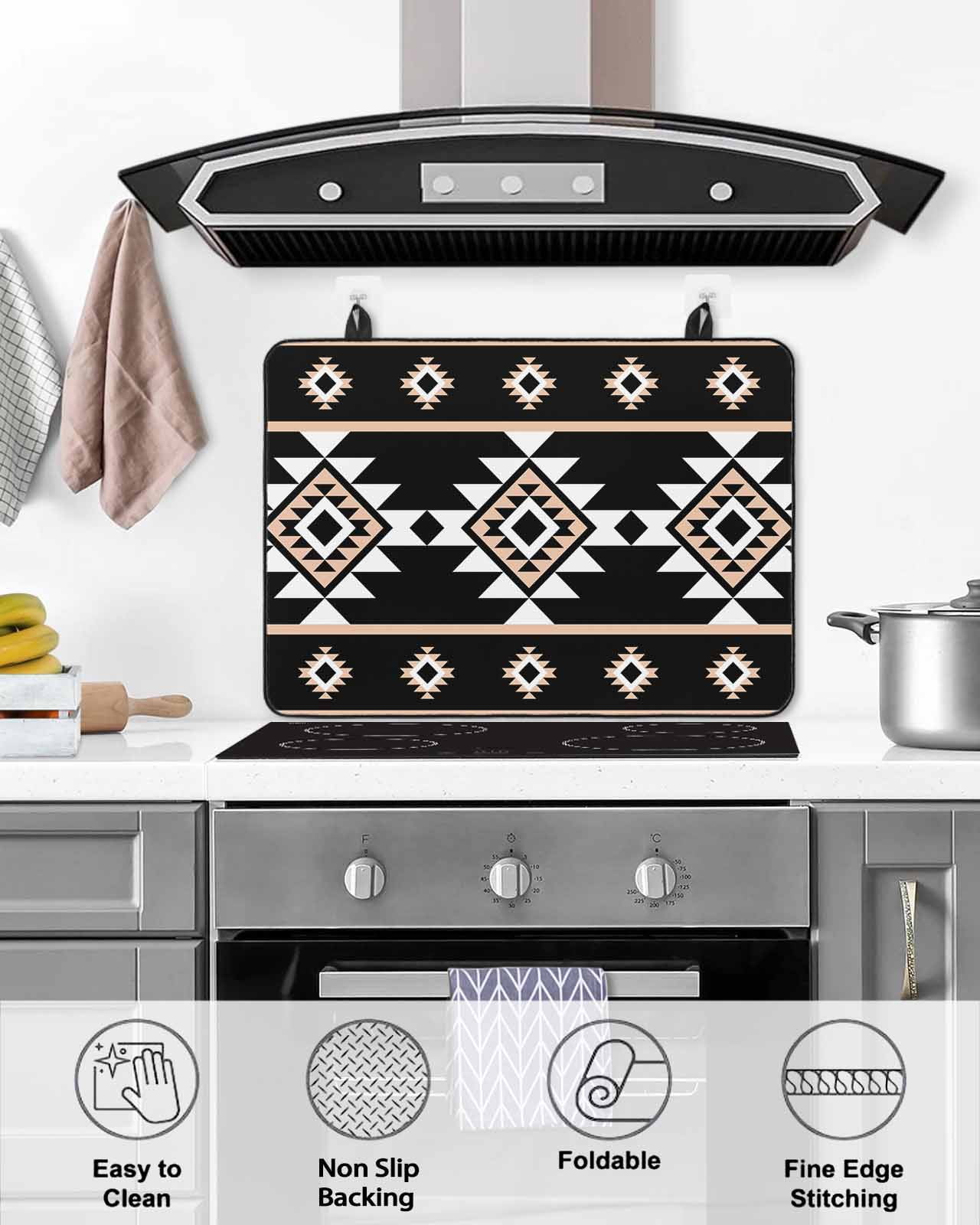nqOlkjepod Large Induction Cooktop Protector Mat 36"x21", Black White Boho Stove Top Covers for Electric Stove, Modern Western Aztec Abstract Geometric Stove Burner Cover Mats, Glass Top Stove Cover