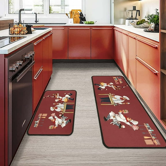 2Pcs Chef Kitchen Rugs and Mats Chef Kitchen Rugs Sets for Restaurant Kitchen Floor Decor Non Slip Waterproof Standing Kitchen Runner Mats 17”x30” 17”x47”