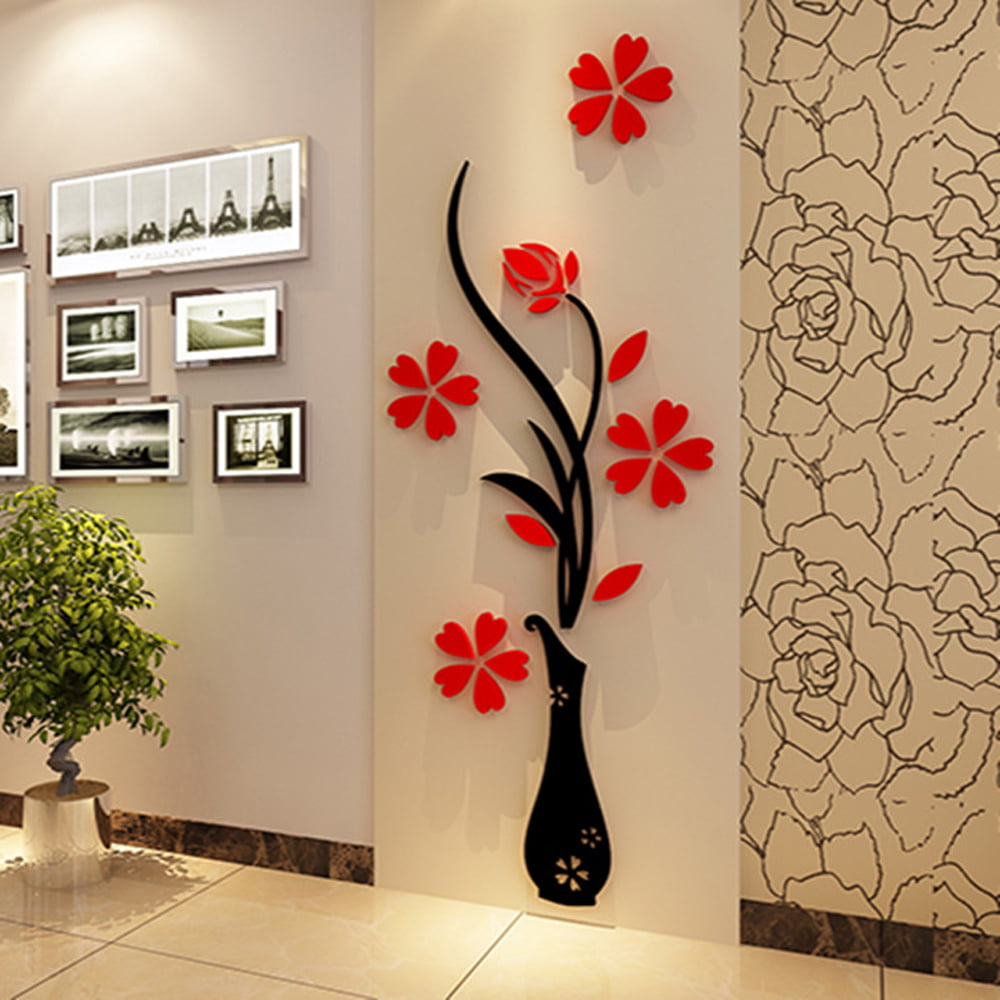 Fiomva Wall Stickers 3D Plum Flower Pot Removable Acrylic Wallpaper -  