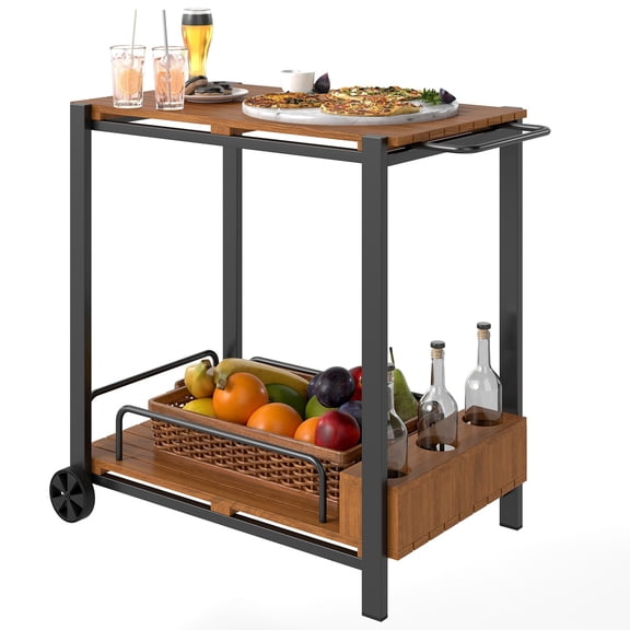 TYUIOP Acacia Wood Outdoor Bar Cart, Rolling 2-Tier Outdoor Serving Cart with 3 Bottle Holders and 2 Wheels for Kitchen, Patio, Garden, Balcony, Teak.