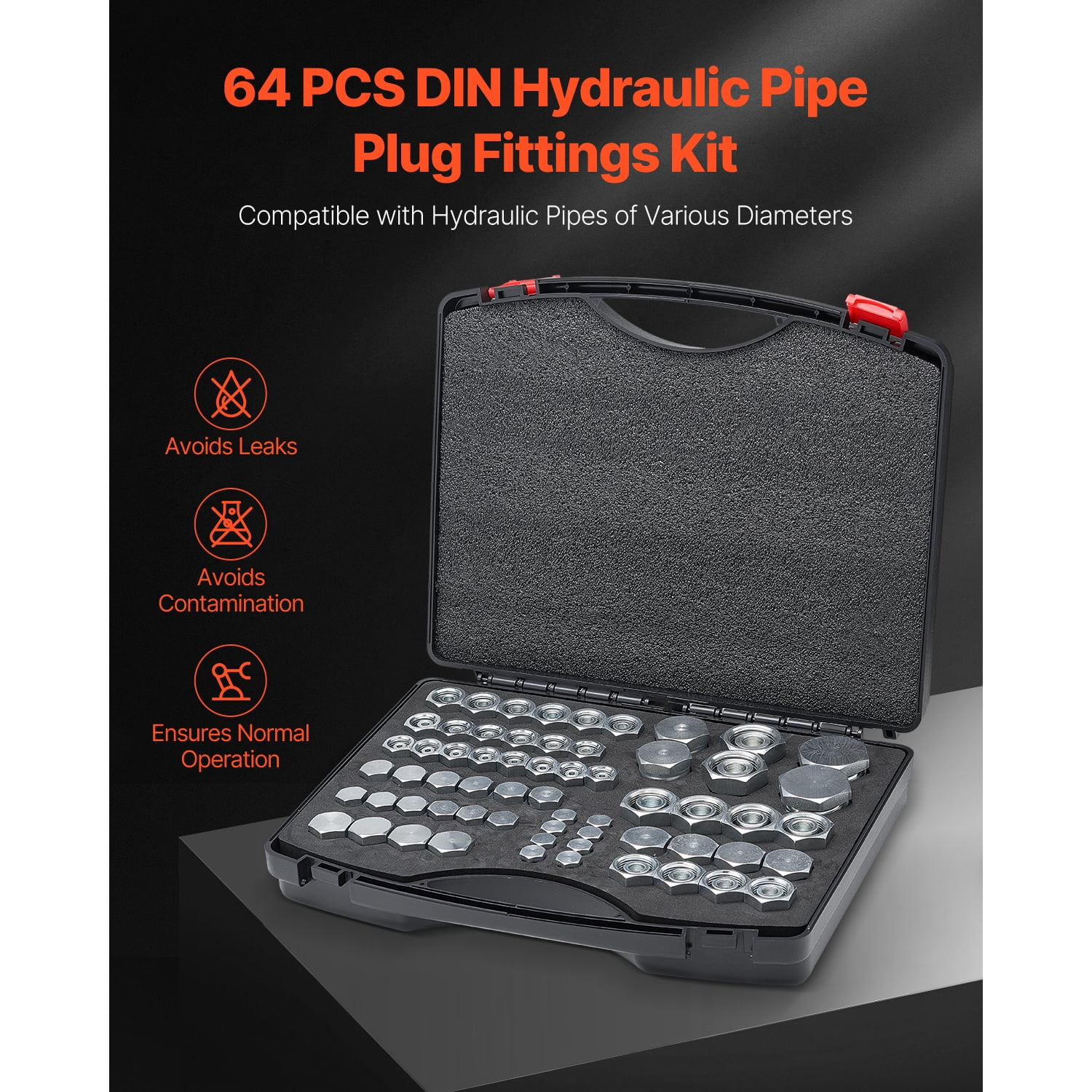 KFFKFF 64 Piece DIN Hydraulic Attachments, Robust Industrial Hydraulic Cap & Plug, Hose Tubing and Pipe Accessory Kit, Cap & Plug Set with Accurate Threading, Dash Sizes 14/16/18/22/26/30/36