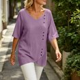 thumbnail image 6 of Yrmaups Loose Fit Short Sleeve T Shirt for Women, Casual V Neck Blouse, Soft Stretch Button Down Tee for Beach Travel Office Daily Wear, Purple 2XL, 6 of 8